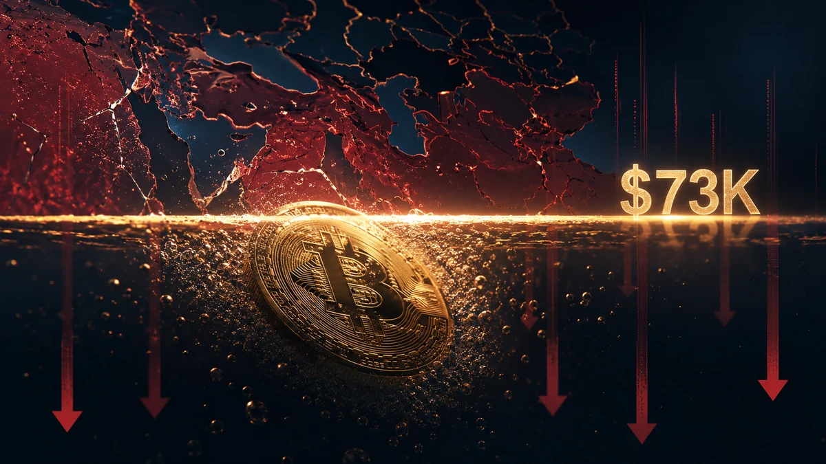 Bitcoin price chart breaking below 73000 with red liquidation candles and Iran strike headlines on screen