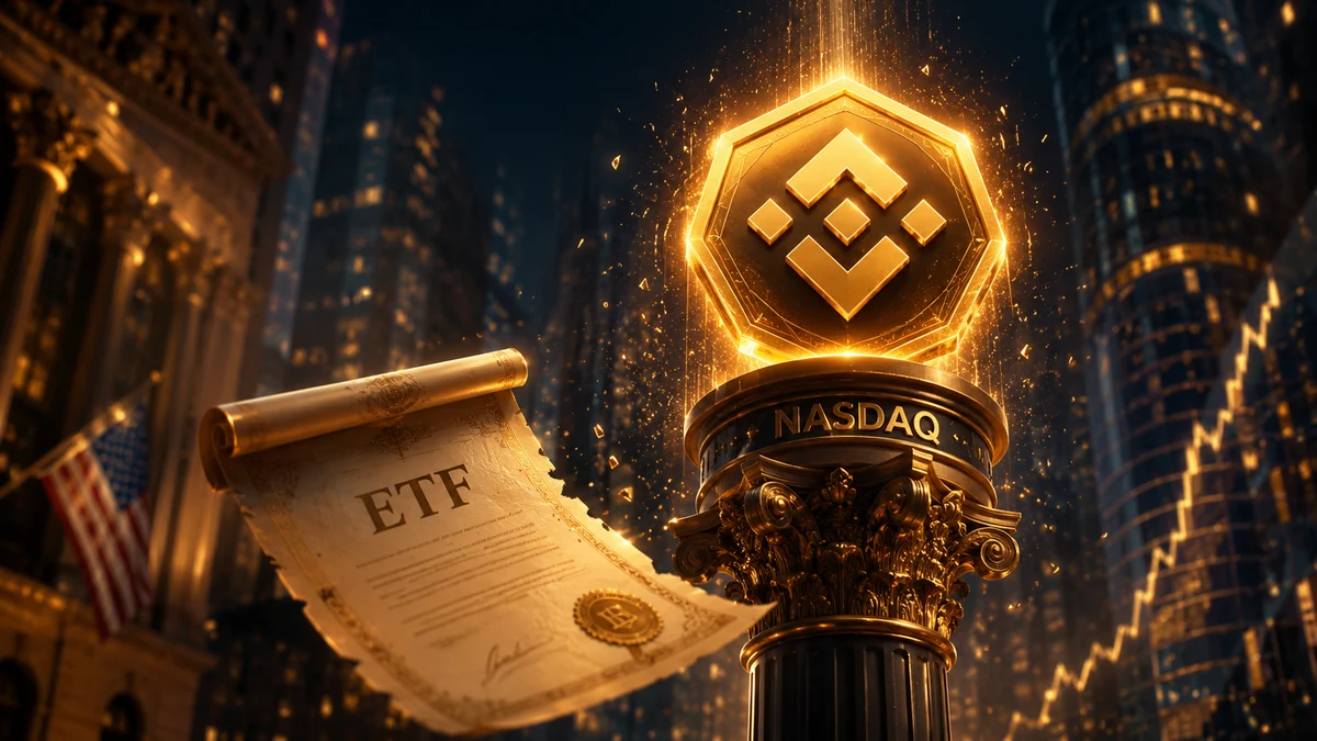 VanEck launches first U.S. spot BNB ETF on Nasdaq with yellow BNB diamond above Nasdaq tower