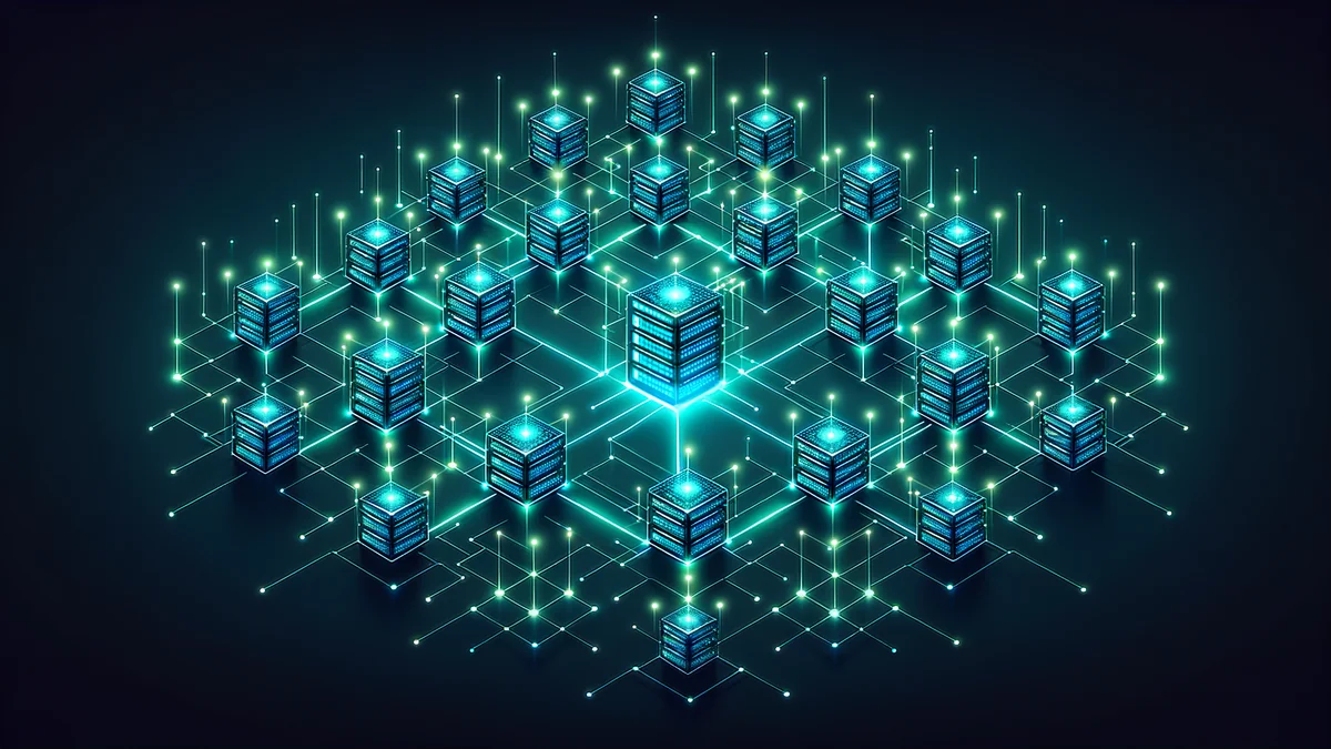 Mesh network of interconnected glowing server nodes representing a decentralized blockchain network