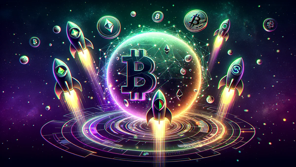 Stylized illustration of altcoins rising as rockets above a fading Bitcoin sphere on a dark cosmic background