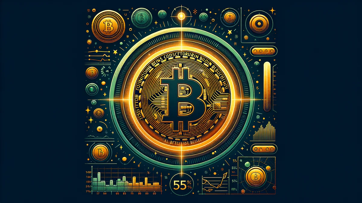 Stylized chart showing Bitcoin market cap dominance over total crypto market cap with a glowing Bitcoin coin in the center