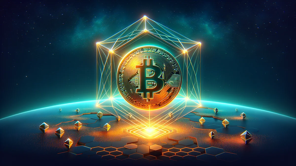 Stylized illustration of a Bitcoin coin wrapped inside a translucent shell with hexagonal Ethereum accents orbiting around it